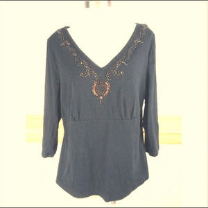 *Black Beaded V Neck 3/4 Sleeve Blouse by Venezia